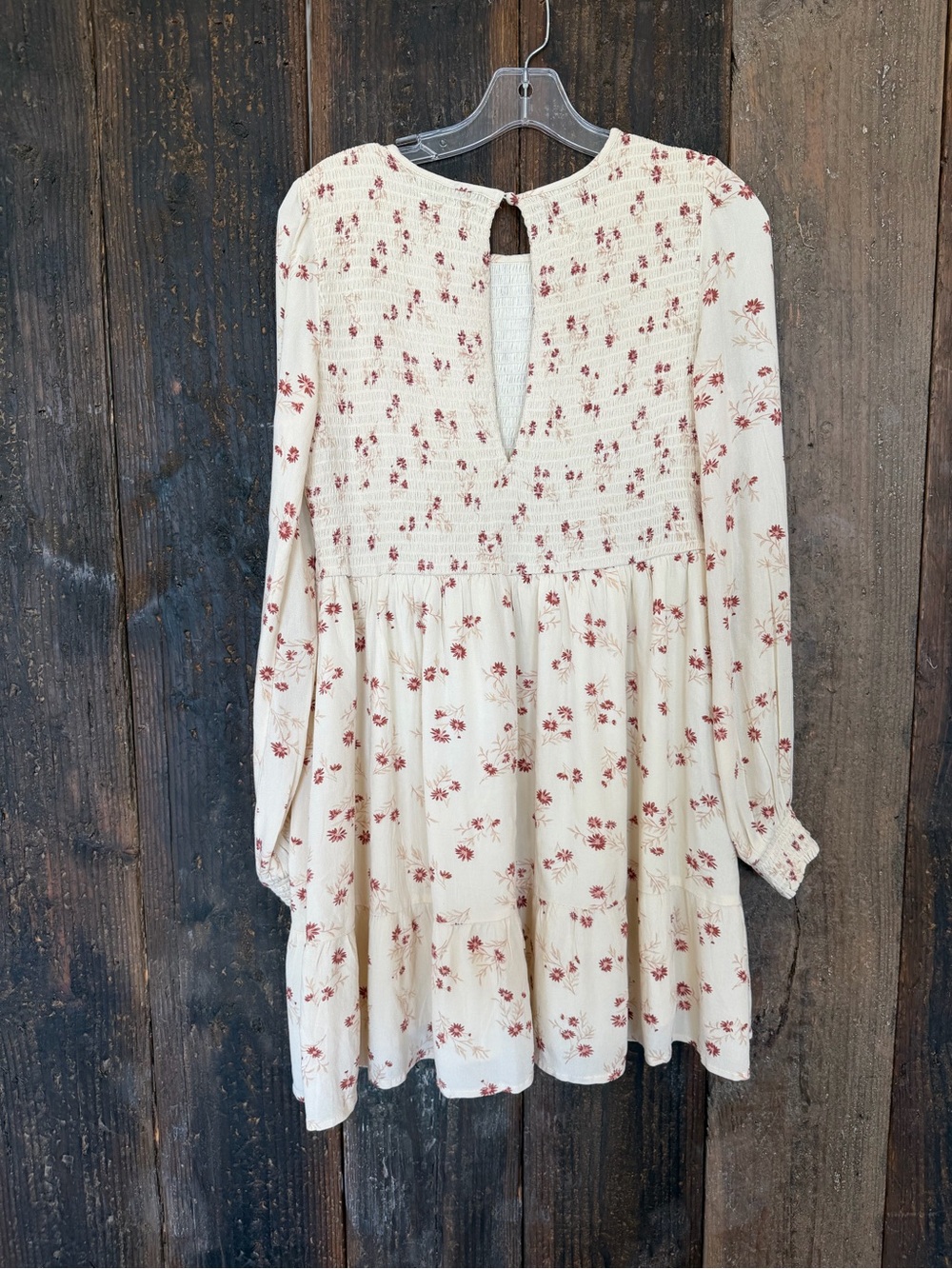 American Eagle Outfitters Cream Floral Long-Sleeve Smocked Mini Dress - Picture 4 of 10
